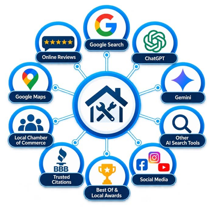 Methods of how to get AI Visibility and SEO rankings. Home icon in the center and bubbles surrounding it. The bubbles include Google Search, BBB, reviews.